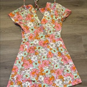 Vero Moda Floral Cold-Shoulder Mini Dress in Pink, Mint & Orange
